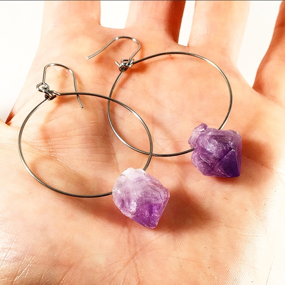 Amethyst Crystal Hoop Earrings - Picture 5 of 6